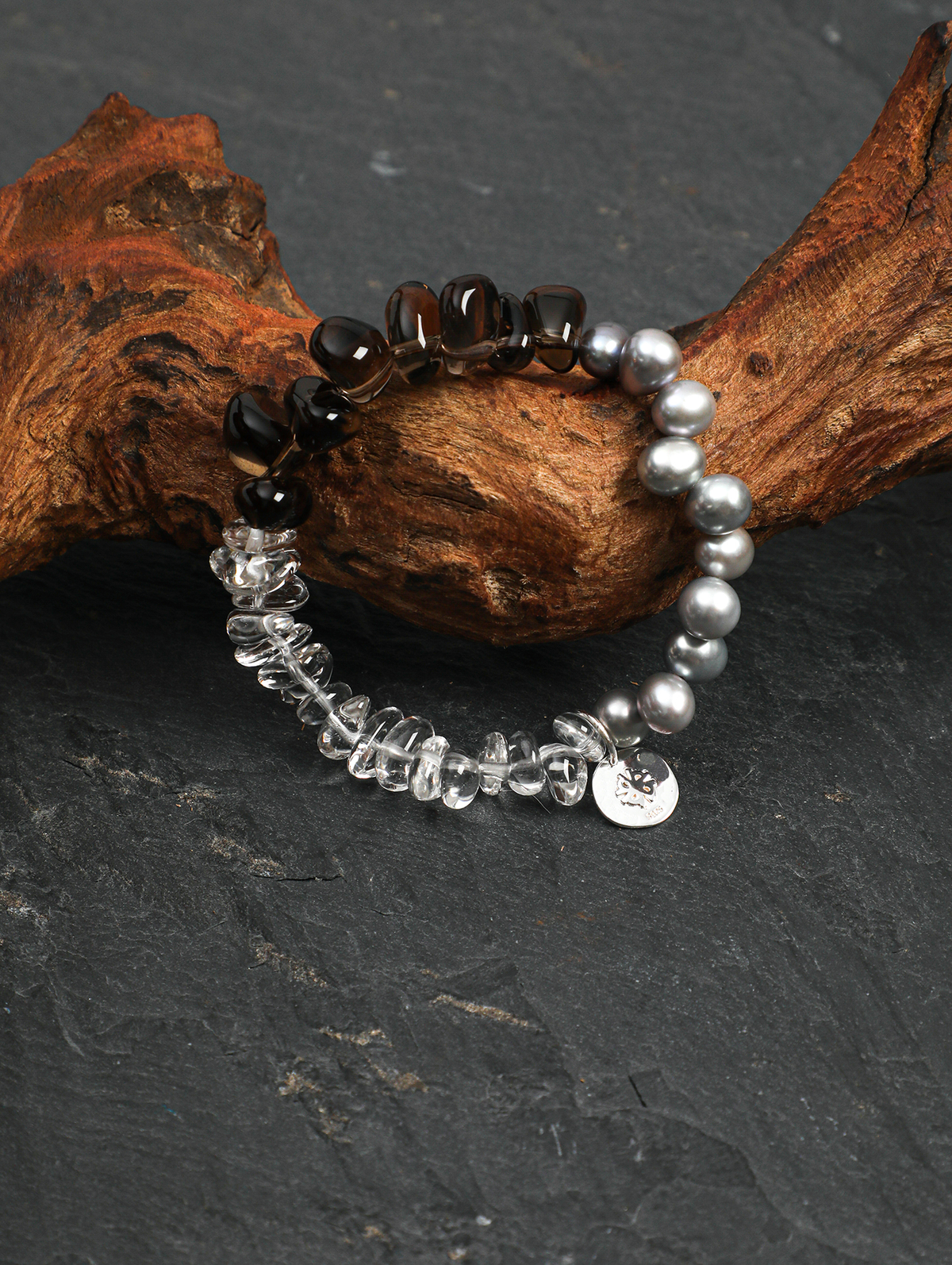 Silver Glow · Smoky Quartz, Grey Pearl & Crushed Ice Quartz Bracelet