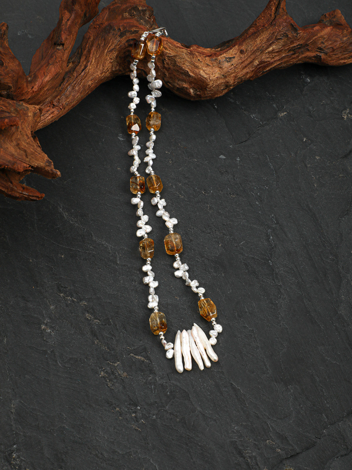 Warm Amber Rhythm · Citrine & Organic Pearl Necklace