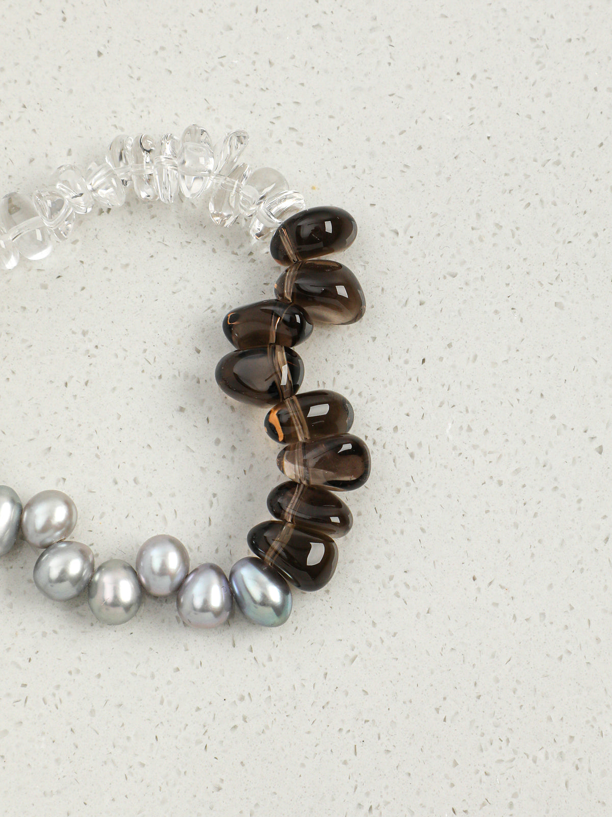 Silver Glow · Smoky Quartz, Grey Pearl & Crushed Ice Quartz Bracelet