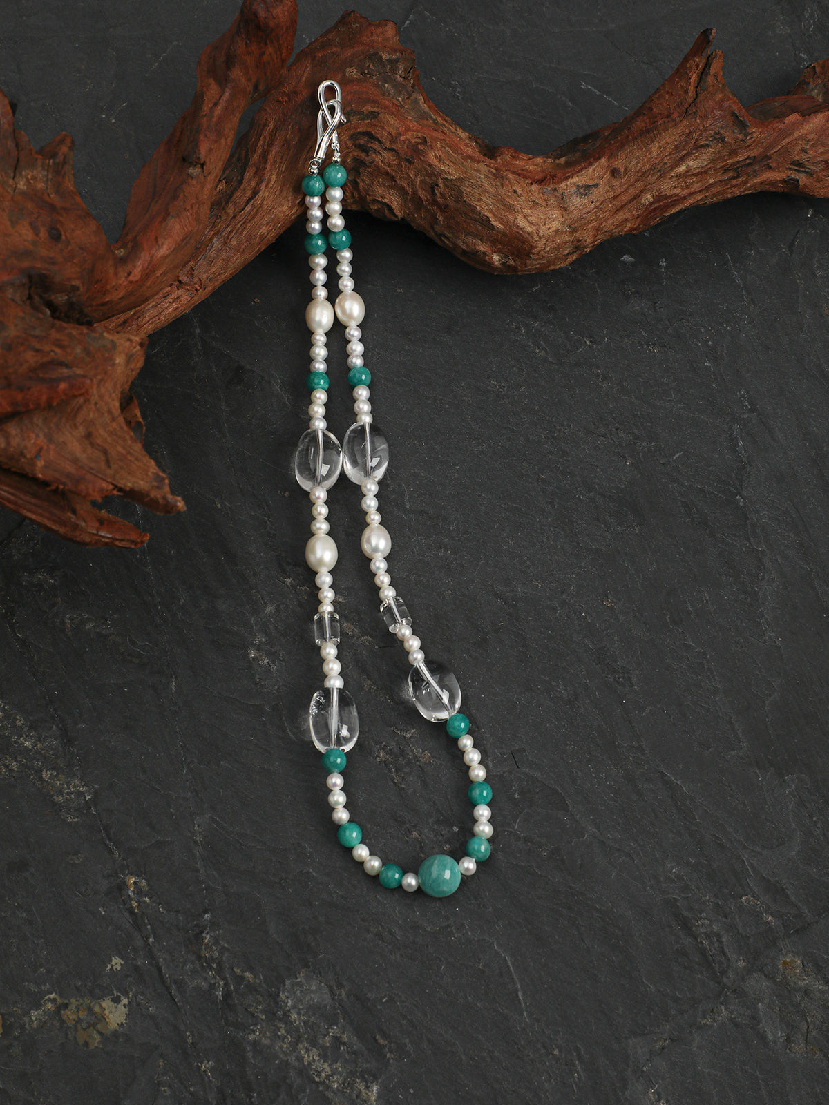 Verdant Isle · Amazonite & Clear Quartz Pearl Necklace