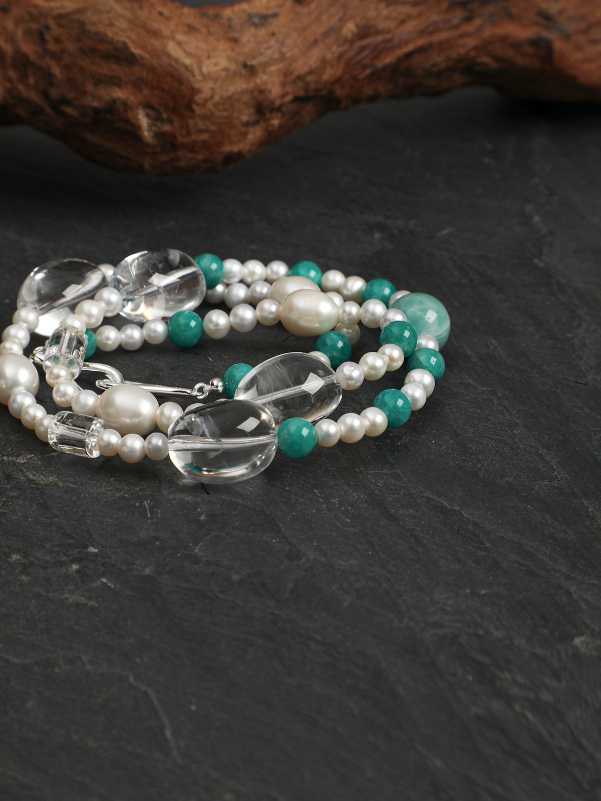 Verdant Isle · Amazonite & Clear Quartz Pearl Necklace