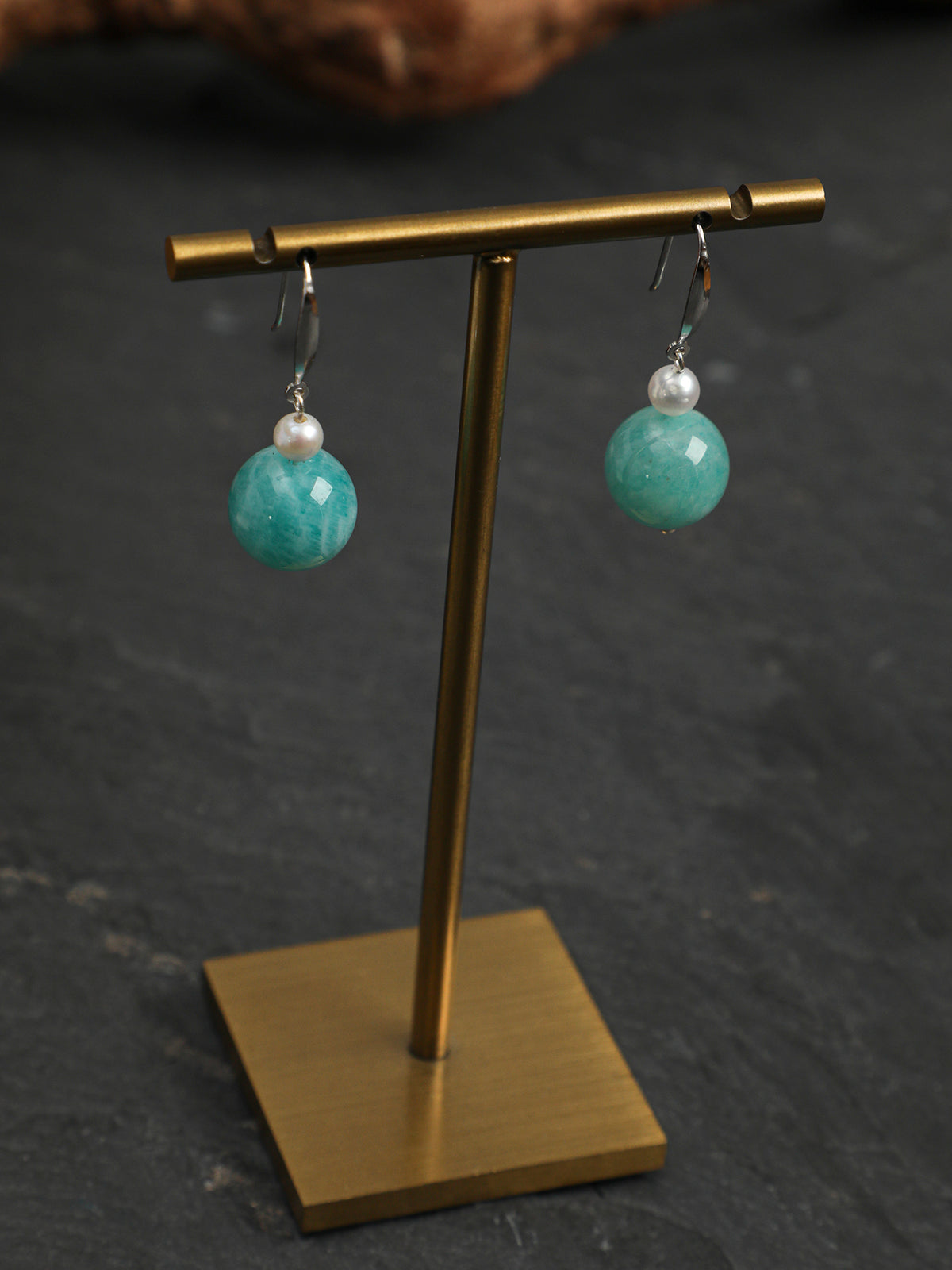 Verdant Peak · Amazonite Sphere & Freshwater Seed Pearl Earrings