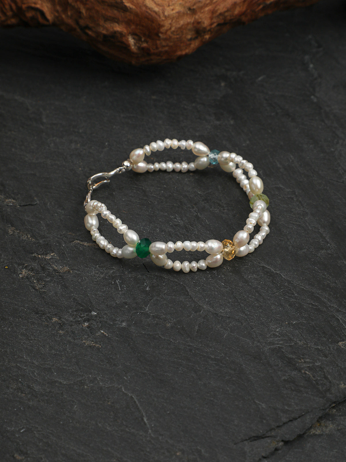 Prismatic Pebbles · Multi-Gemstone, Woven Pearl & Silver Bracelet