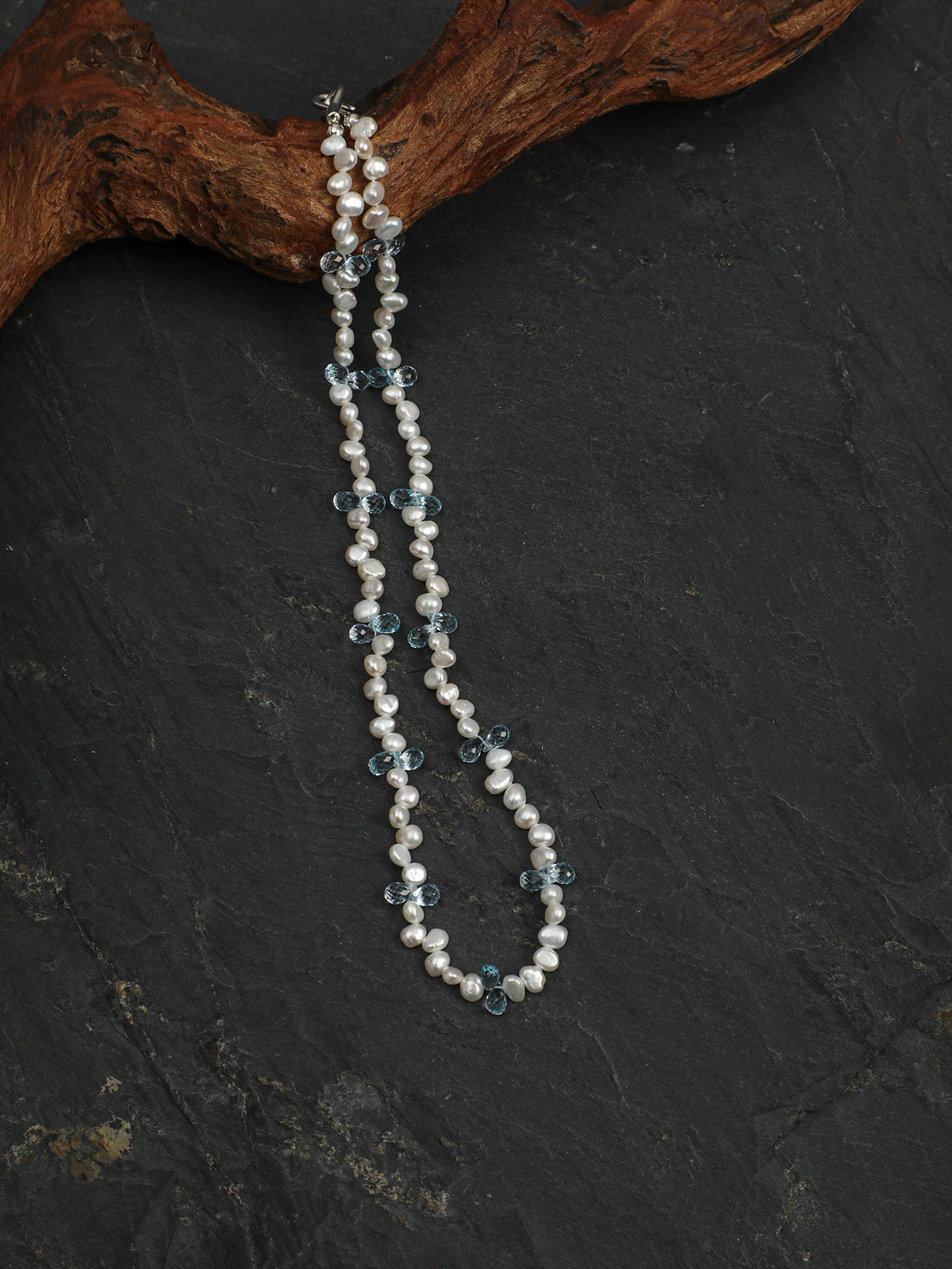 Crystalline Ripples · Blue Topaz & Organic Pearl Necklace