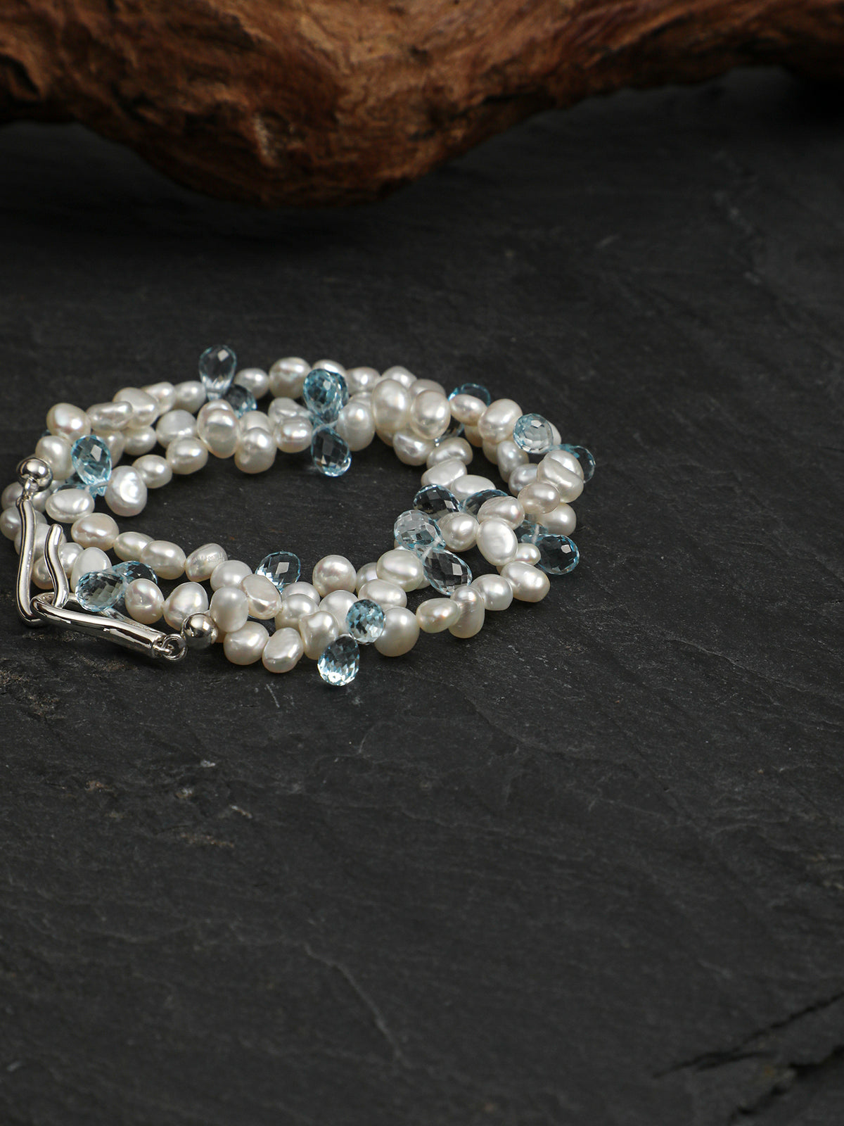 Crystalline Ripples · Blue Topaz & Organic Pearl Necklace