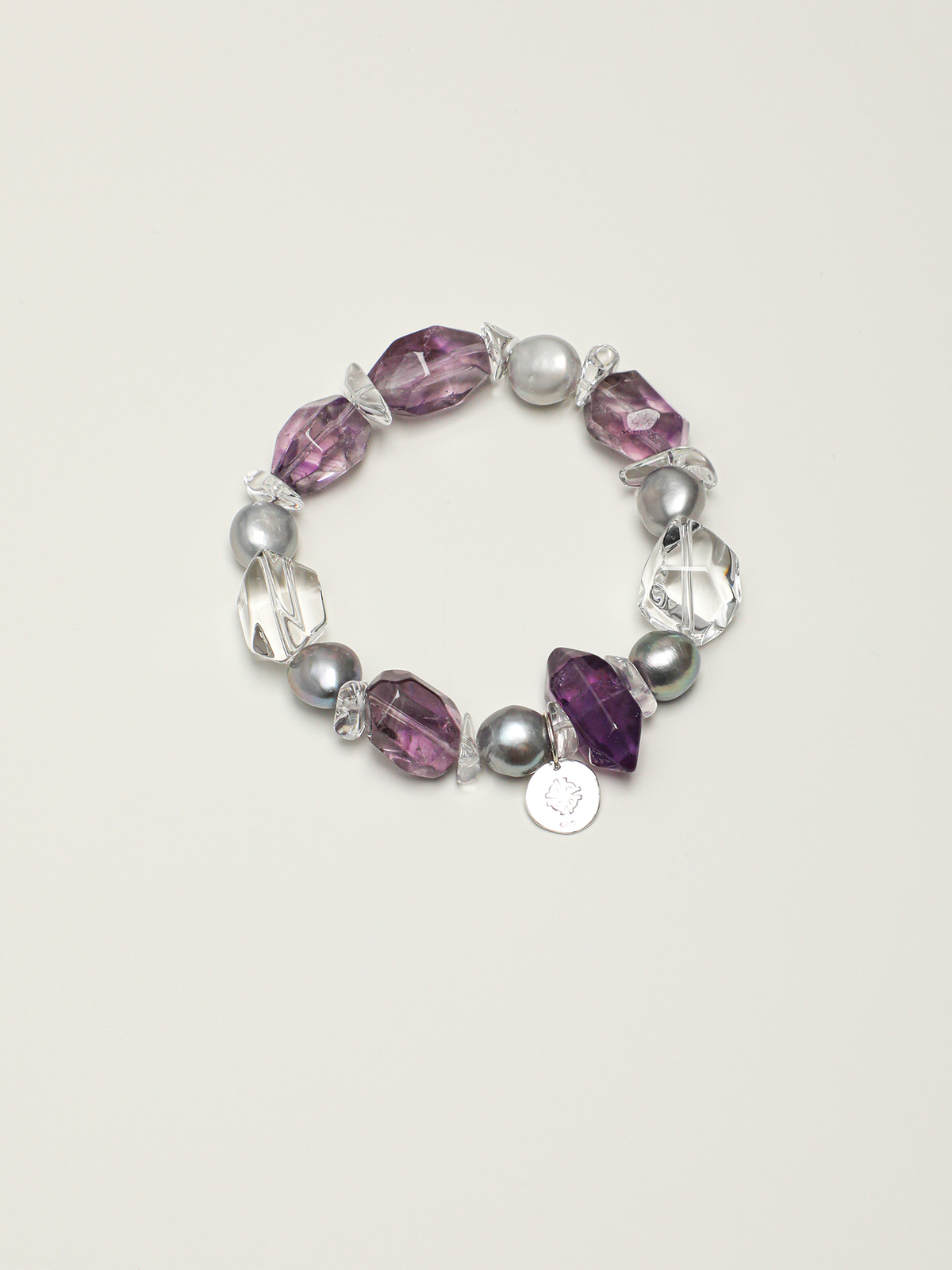 Ice Violet · Amethyst, Double-Terminated Quartz & Grey Pearl Bracelet
