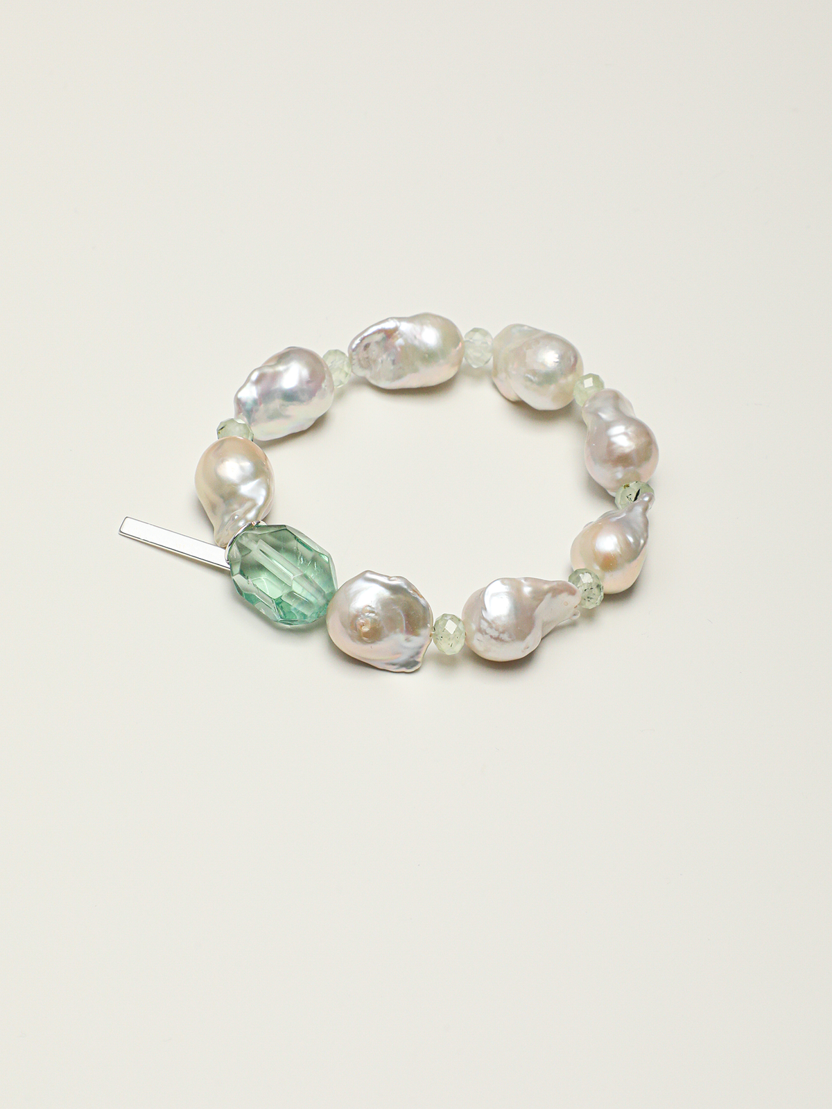 Mist Green Wave · Green Quartz, Prehnite & Large Baroque Pearl Bracelet