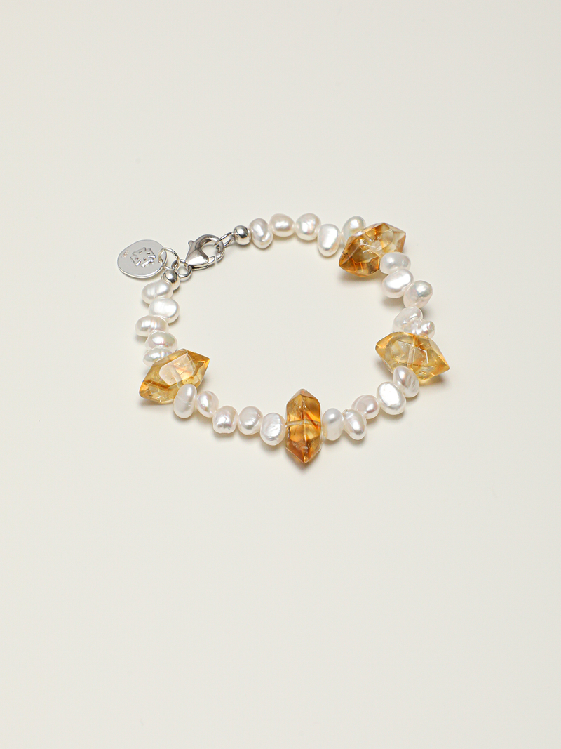 Golden Ray · Double-Terminated Yellow Quartz & Baroque Pearl Bracelet