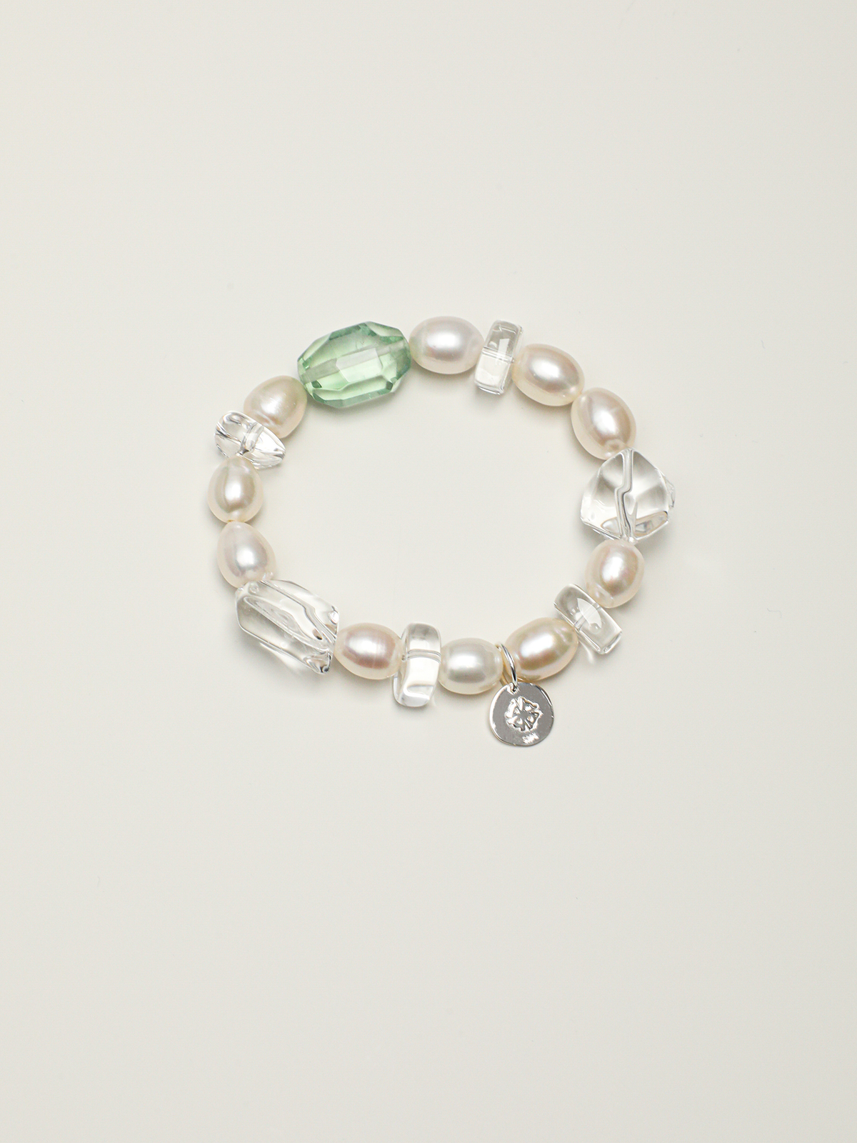 Mist Green Wave · Green Quartz, Sakura-Cut Crystal & White Pearl Bracelet