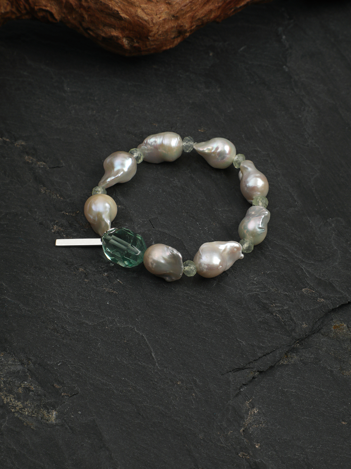 Mist Green Wave · Green Quartz, Prehnite & Large Baroque Pearl Bracelet