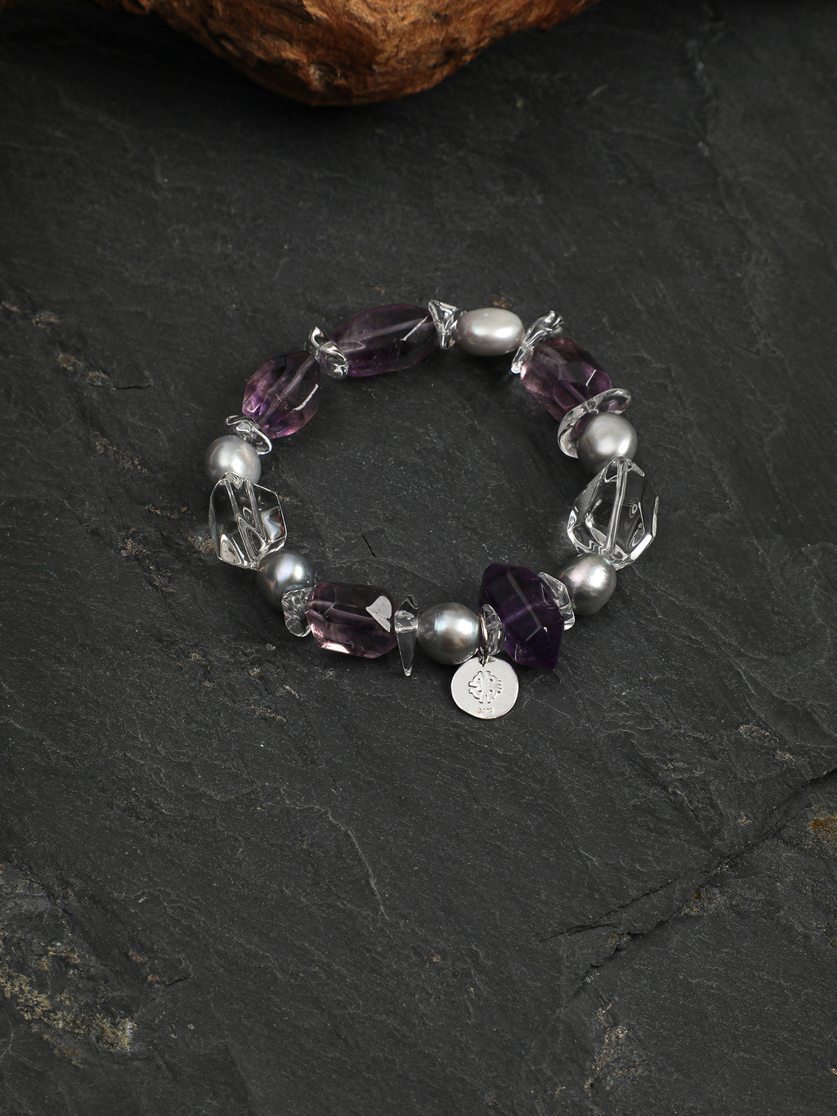Ice Violet · Amethyst, Double-Terminated Quartz & Grey Pearl Bracelet