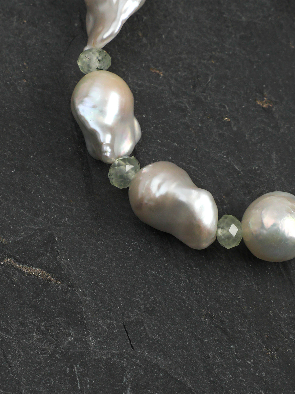 Mist Green Wave · Green Quartz, Prehnite & Large Baroque Pearl Bracelet