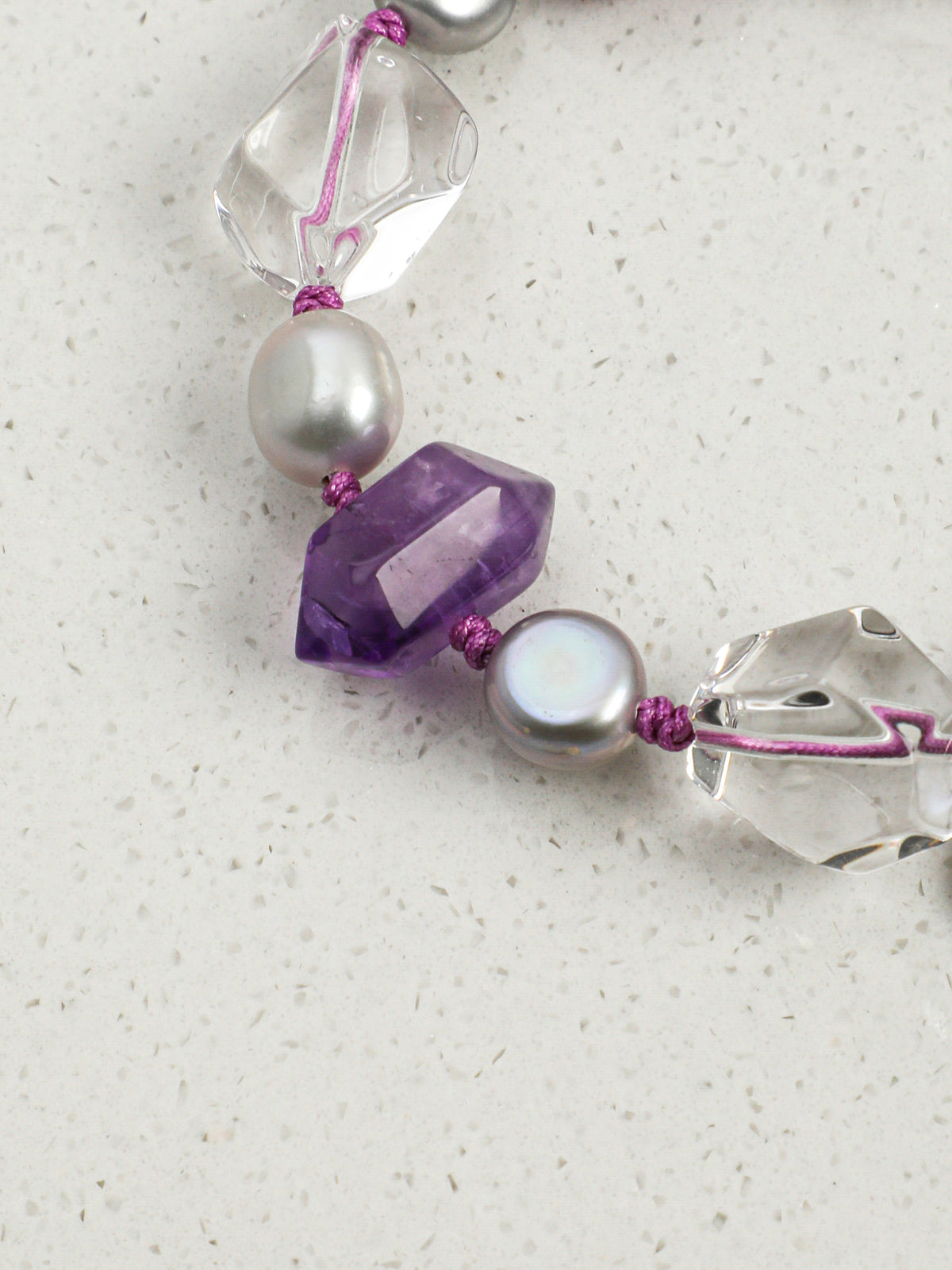 Ice Violet · Amethyst, Double-Terminated Quartz & Grey Pearl Bracelet