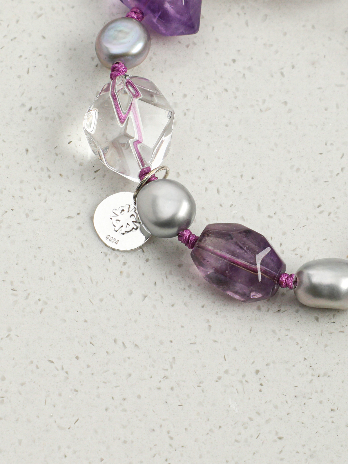Ice Violet · Amethyst, Double-Terminated Quartz & Grey Pearl Bracelet