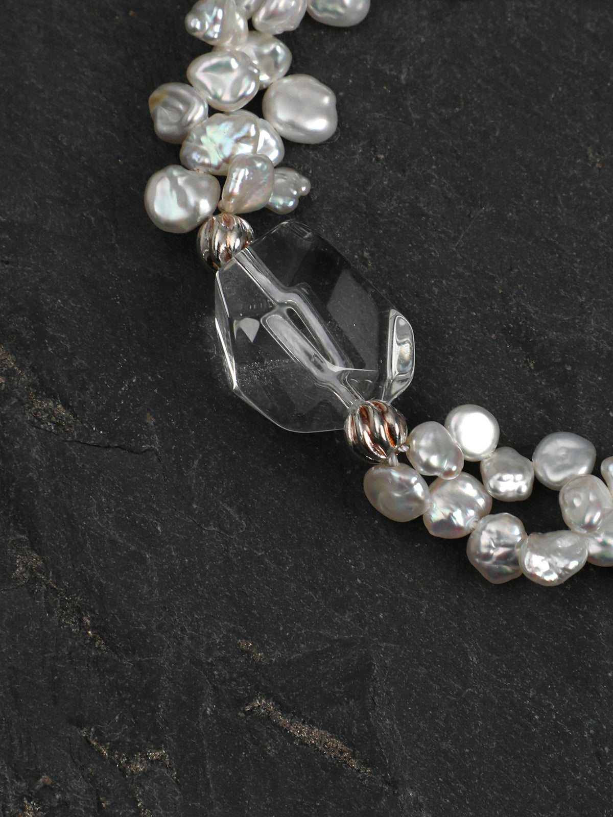 Icy Shadow · Double-Terminated Clear Quartz & Petal Baroque Pearl Bracelet