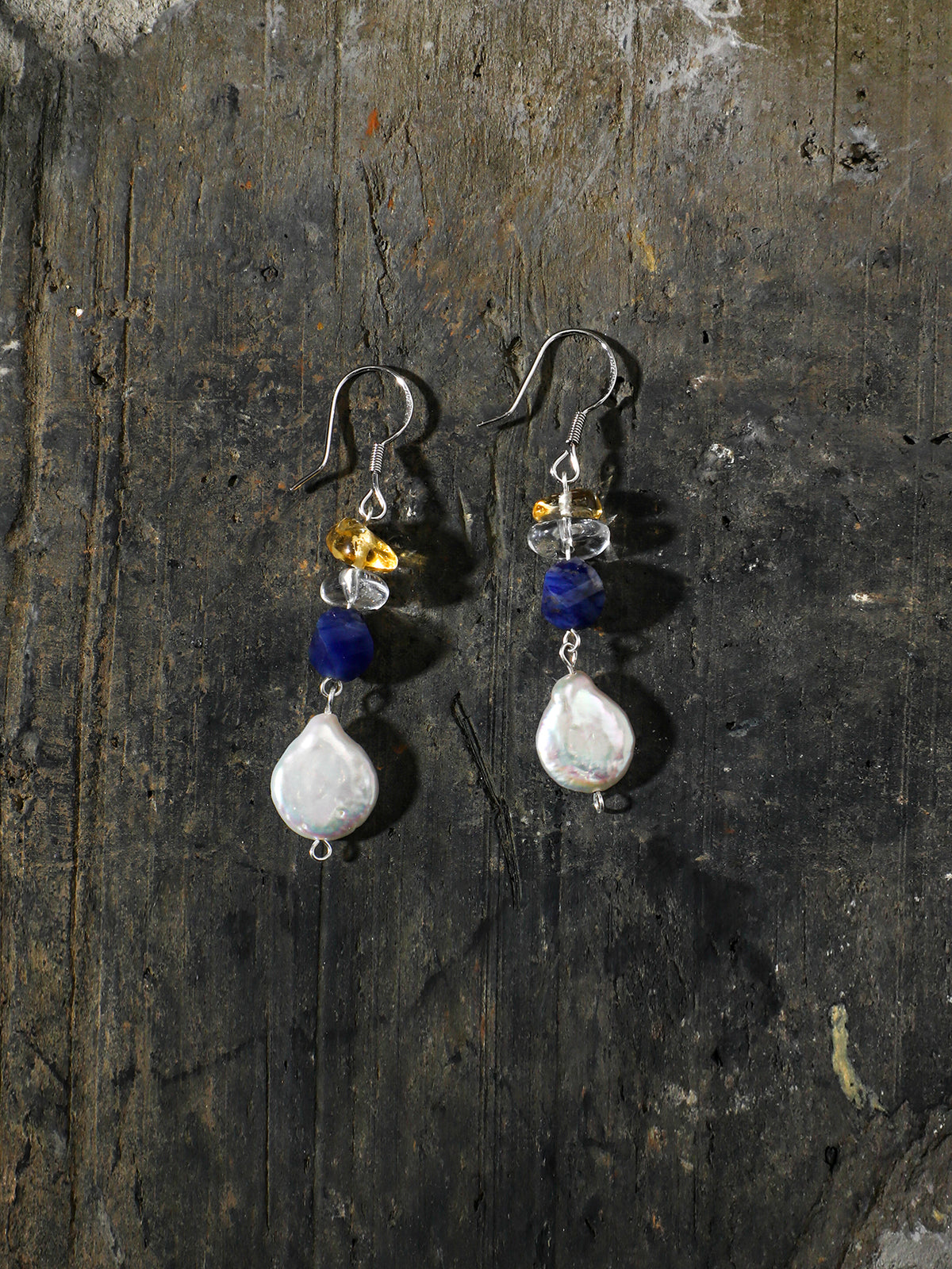 Water Shadow · Citrine, Sodalite, Quartz & Baroque Pearl Earrings