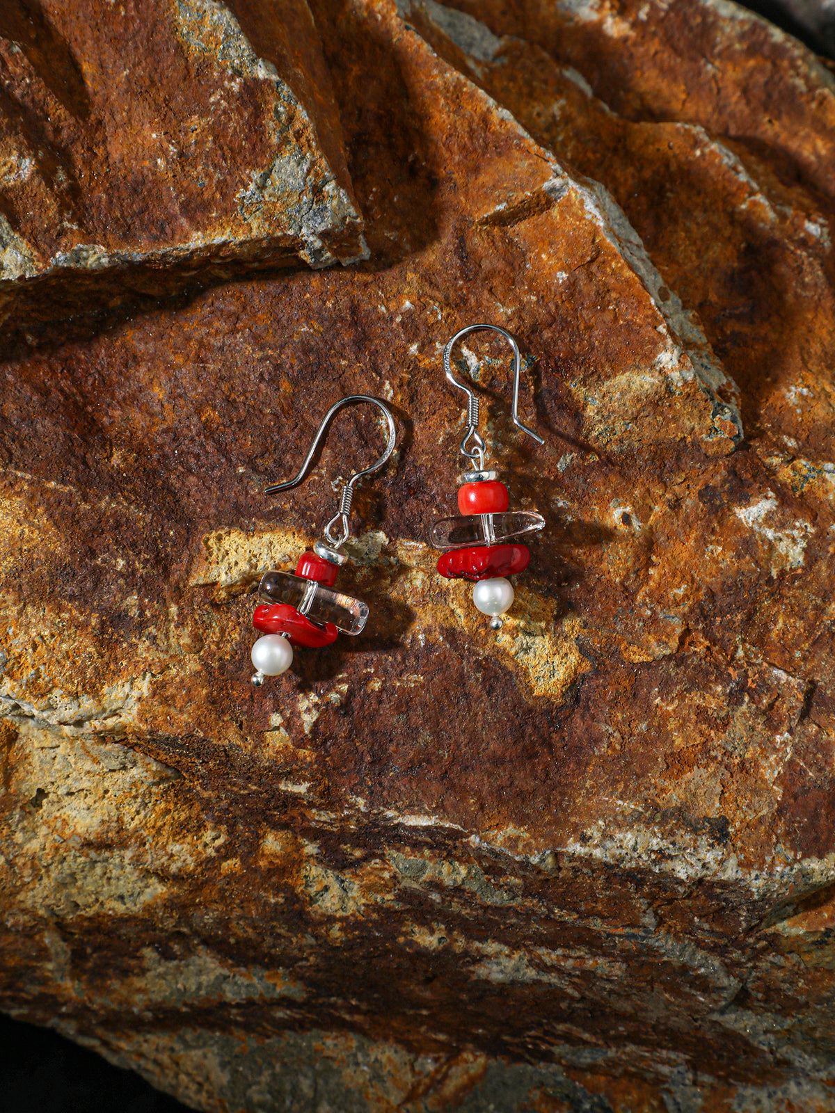 Crimson Overture · Red Coral, Clear Quartz Tooth & Pearl Earrings