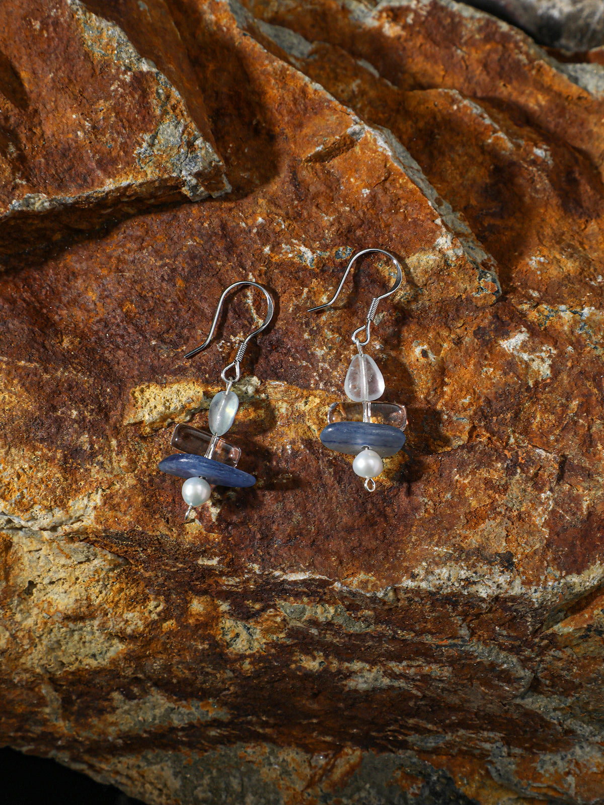 Azure Snow Shadow · Aquamarine, Kyanite, Clear Quartz & Pearl Earrings