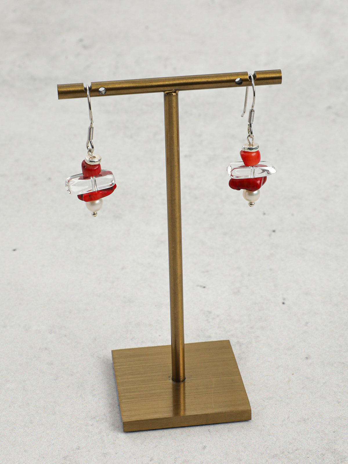 Crimson Overture · Red Coral, Clear Quartz Tooth & Pearl Earrings
