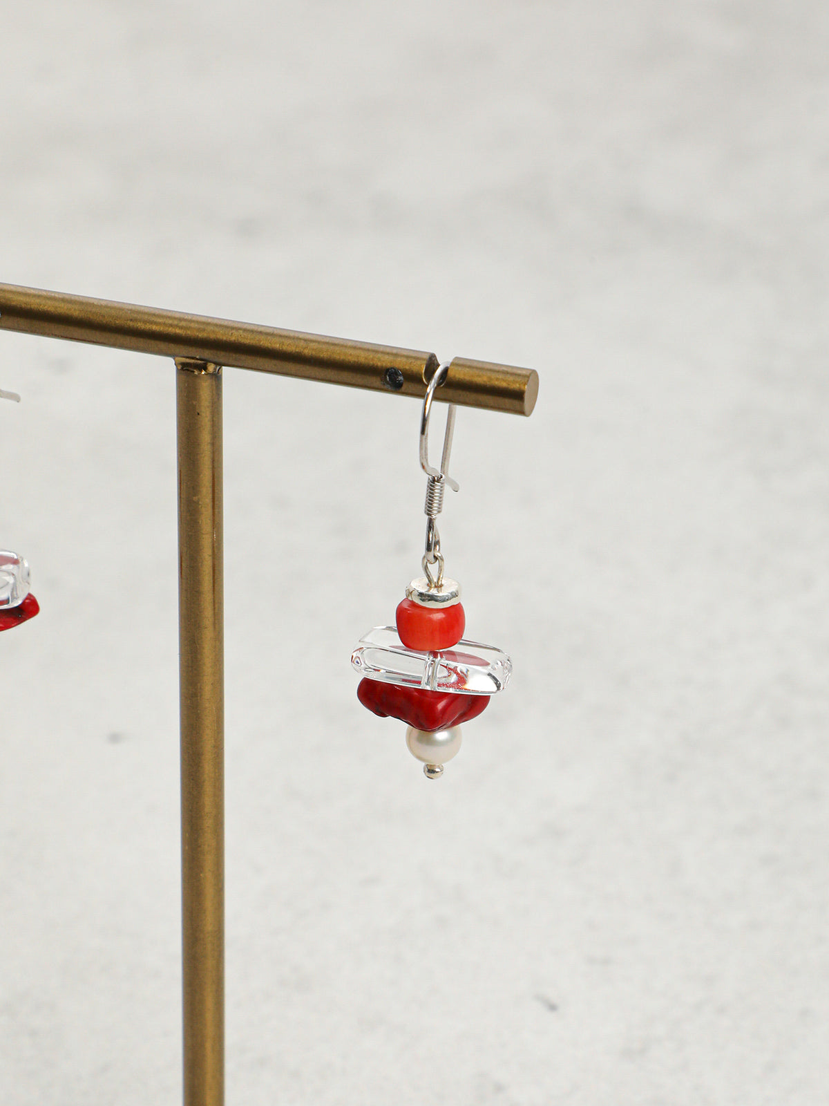 Crimson Overture · Red Coral, Clear Quartz Tooth & Pearl Earrings