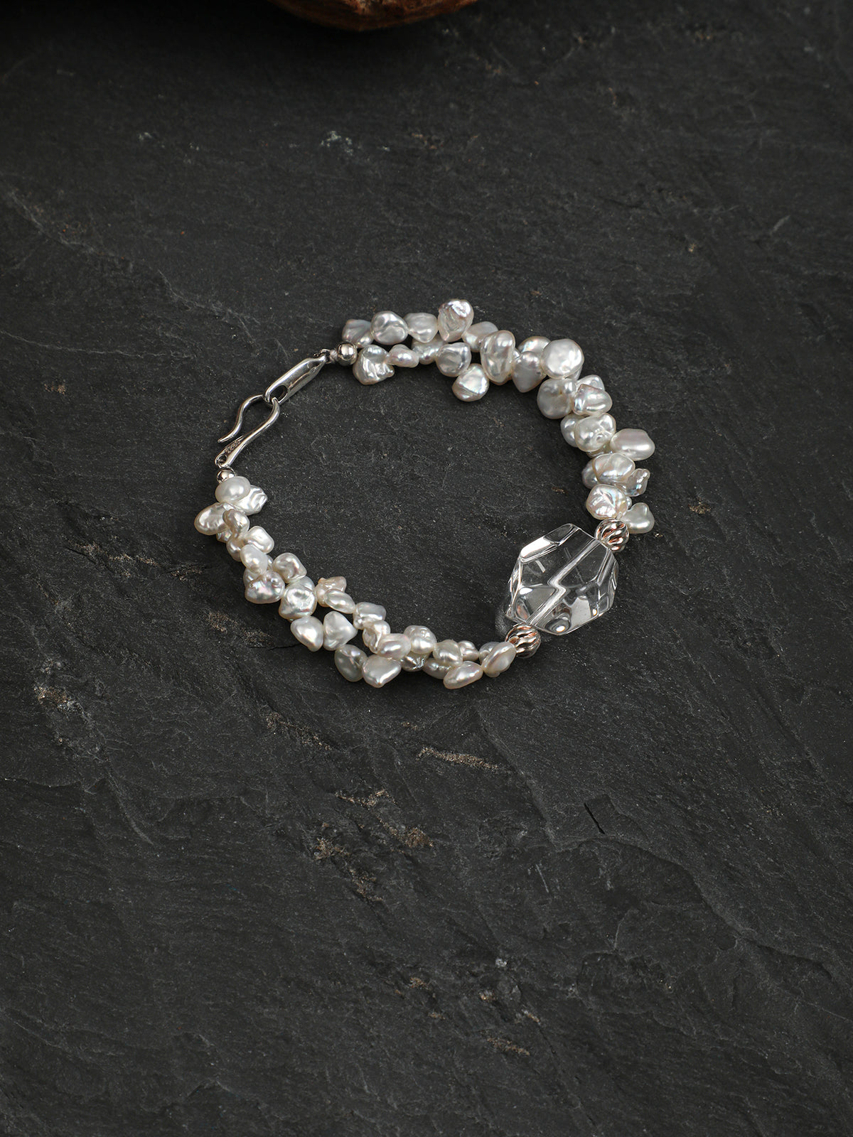 Icy Shadow · Double-Terminated Clear Quartz & Petal Baroque Pearl Bracelet