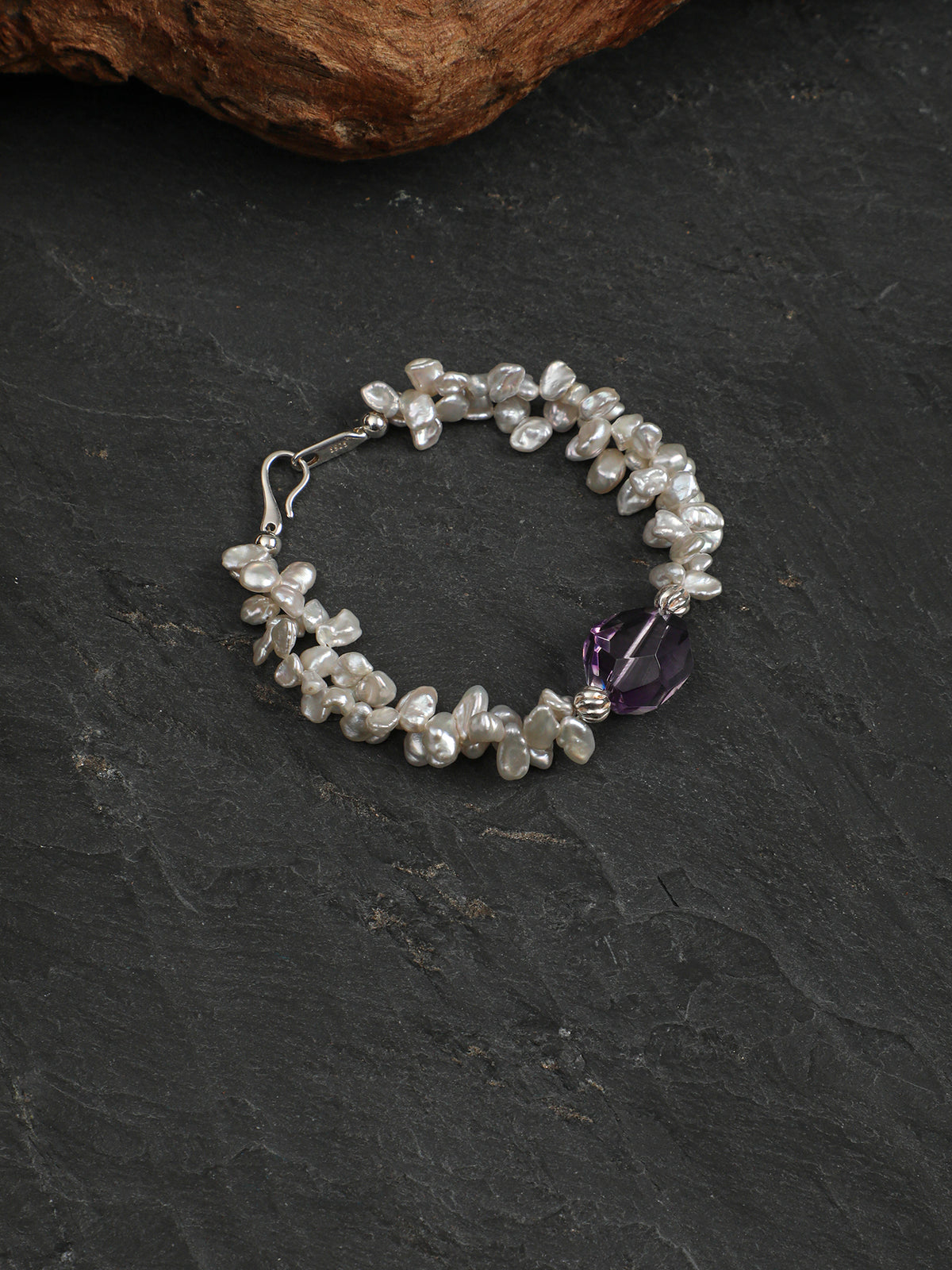 Violet Dew · Amethyst & Petal Baroque Pearl Bracelet