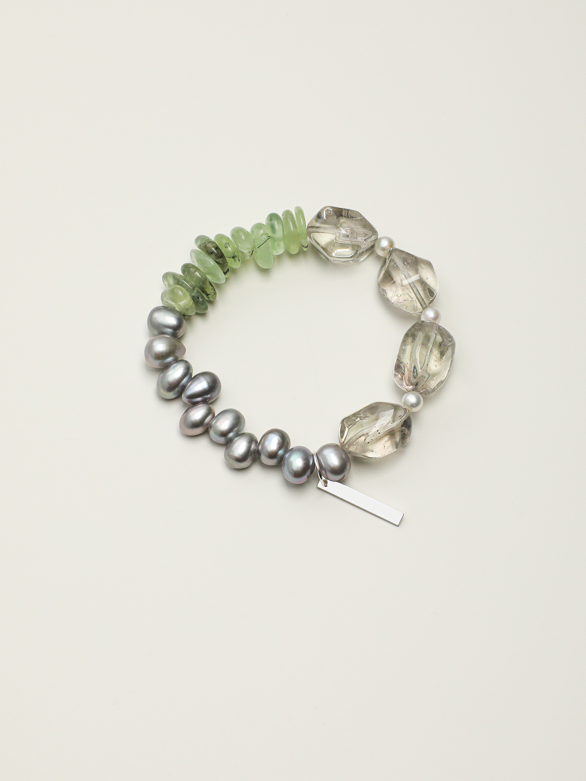 Verdant Ripple · Green Quartz, Prehnite & Grey Pearl Bracelet