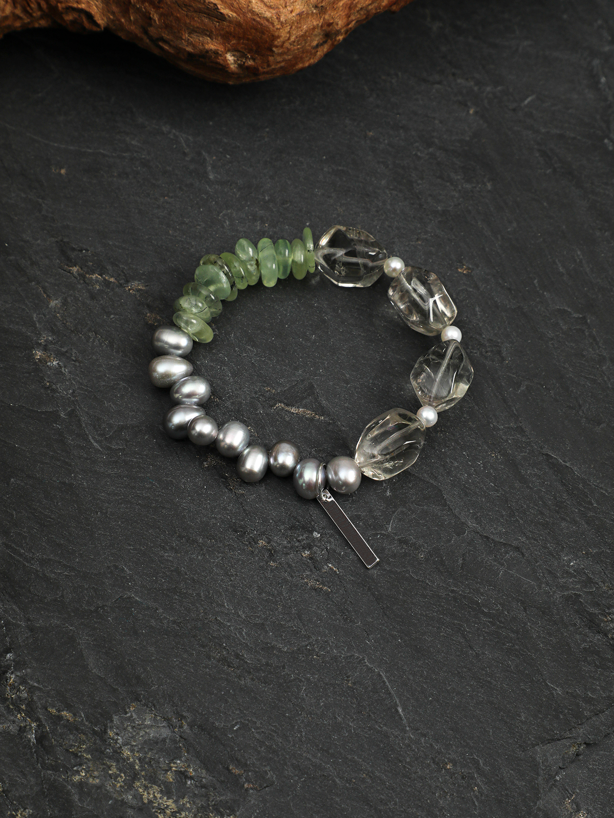 Verdant Ripple · Green Quartz, Prehnite & Grey Pearl Bracelet