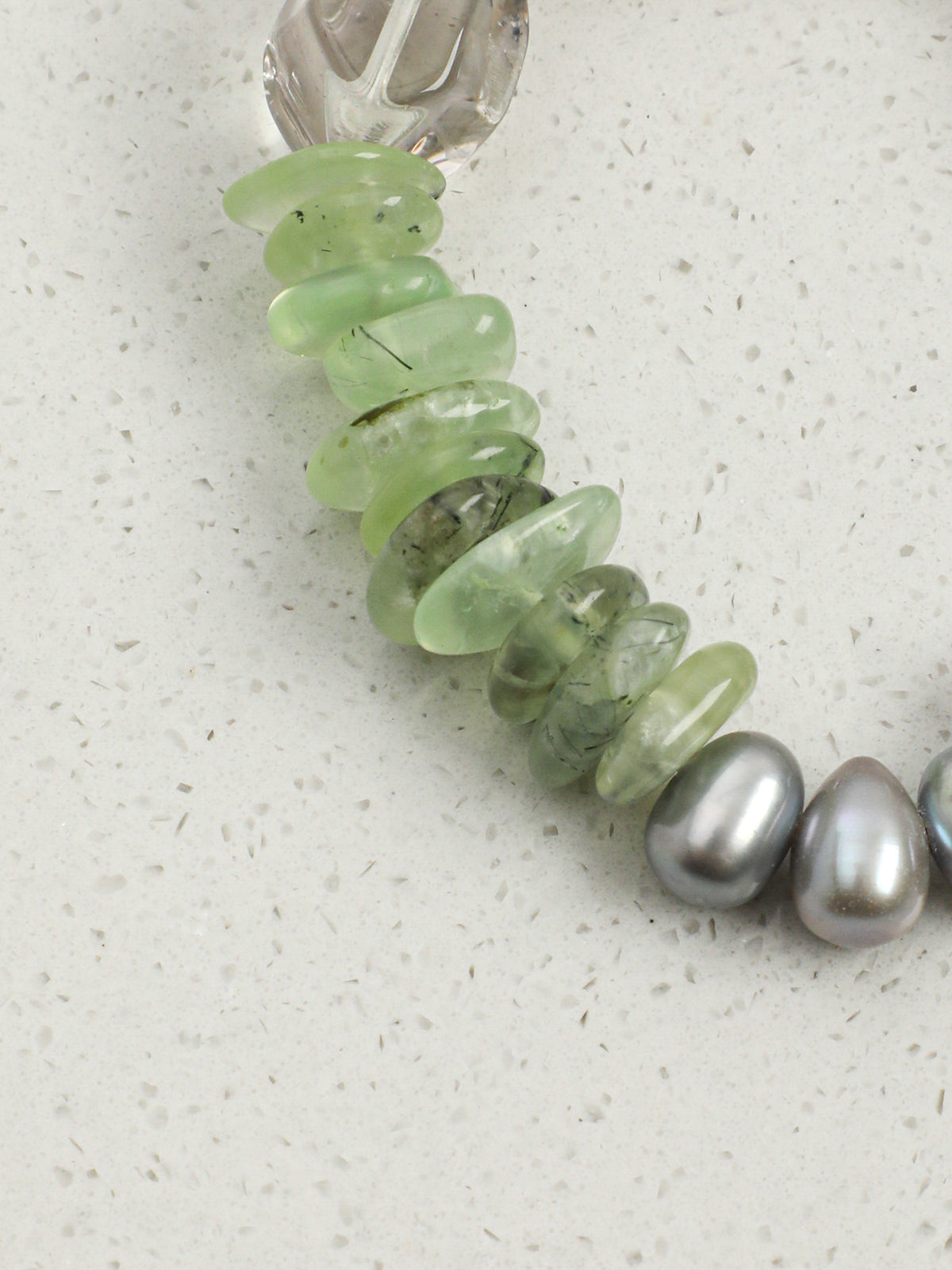 Verdant Ripple · Green Quartz, Prehnite & Grey Pearl Bracelet