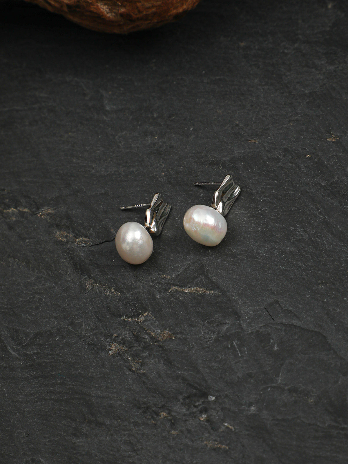Lunar Glow · Textured Silver & Baroque Pearl Stud Earrings
