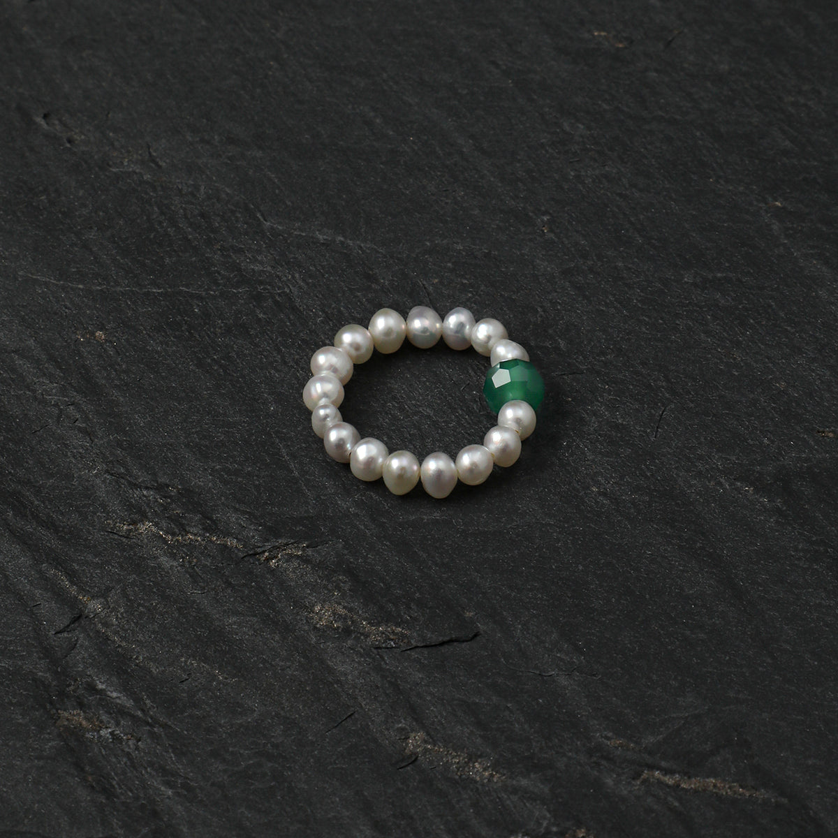 Gentle Moon · Emerald Agate Cube & Seed Pearl Stretch Ring