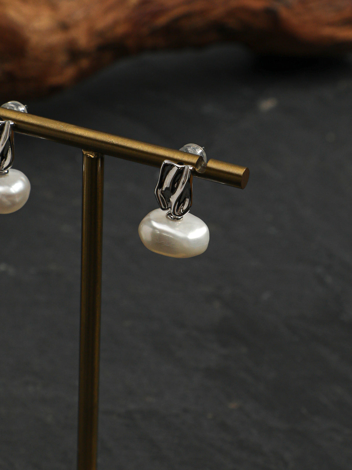 Lunar Glow · Textured Silver & Baroque Pearl Stud Earrings