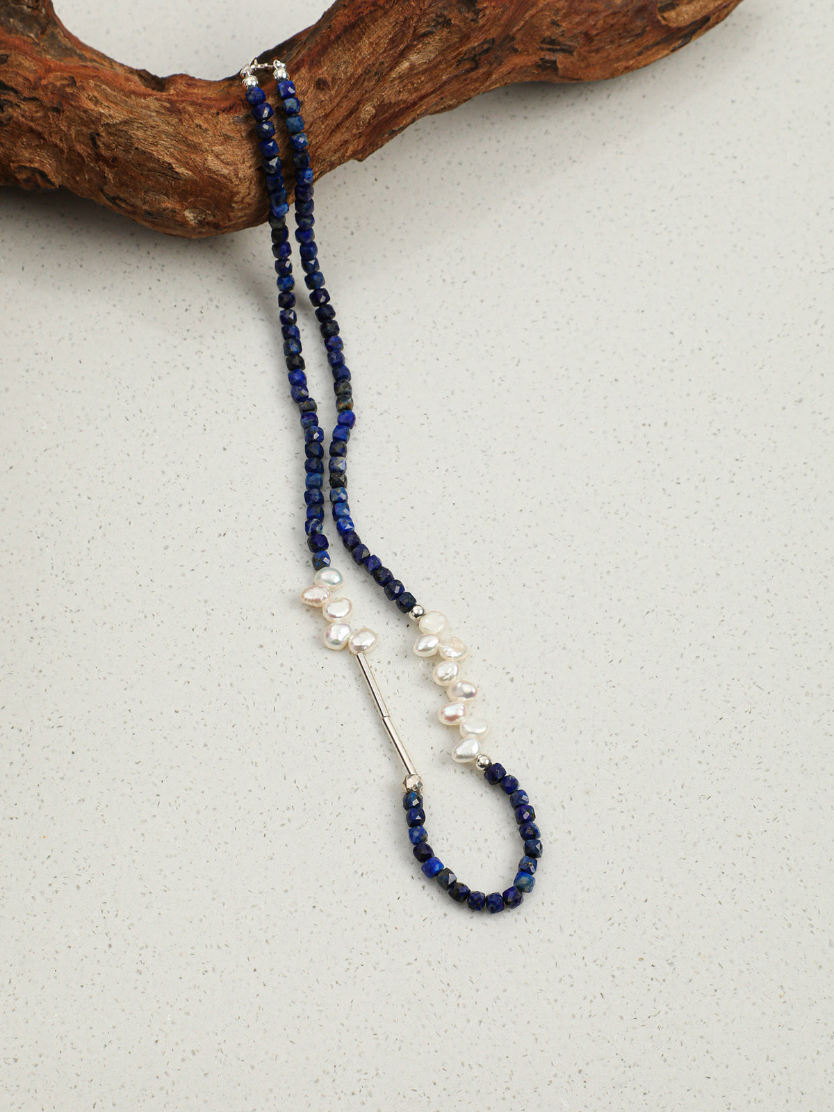 Starry Indigo · Lapis Cube & Off-Center Baroque Pearl Necklace