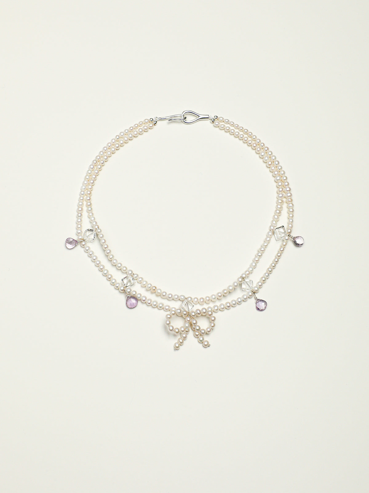 Moonlight Ripple · Pearl Bow & Amethyst Double-Strand Choker