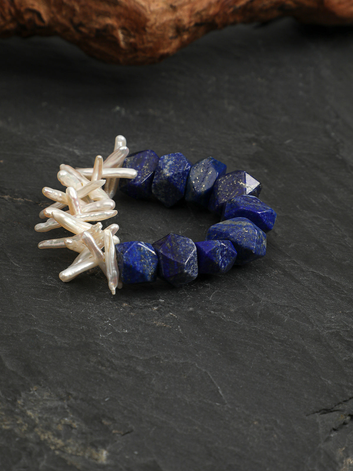 Celestial Bloom · Lapis Lazuli & Stick Baroque Pearl Bracelet