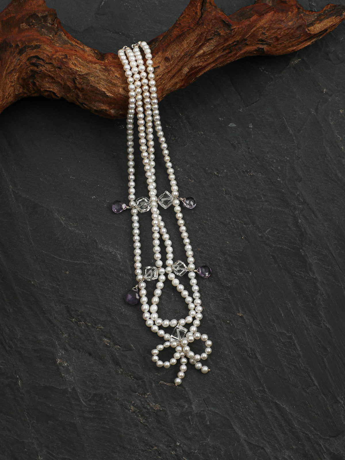 Moonlight Ripple · Pearl Bow & Amethyst Double-Strand Choker