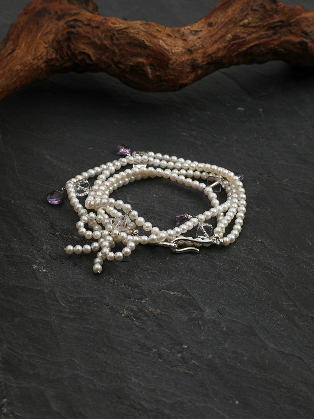 Moonlight Ripple · Pearl Bow & Amethyst Double-Strand Choker