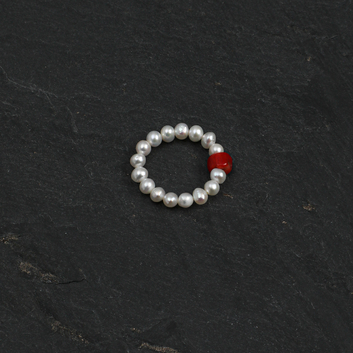 Illusion Pearl · Crimson Coral & Seed Pearl Stretch Ring