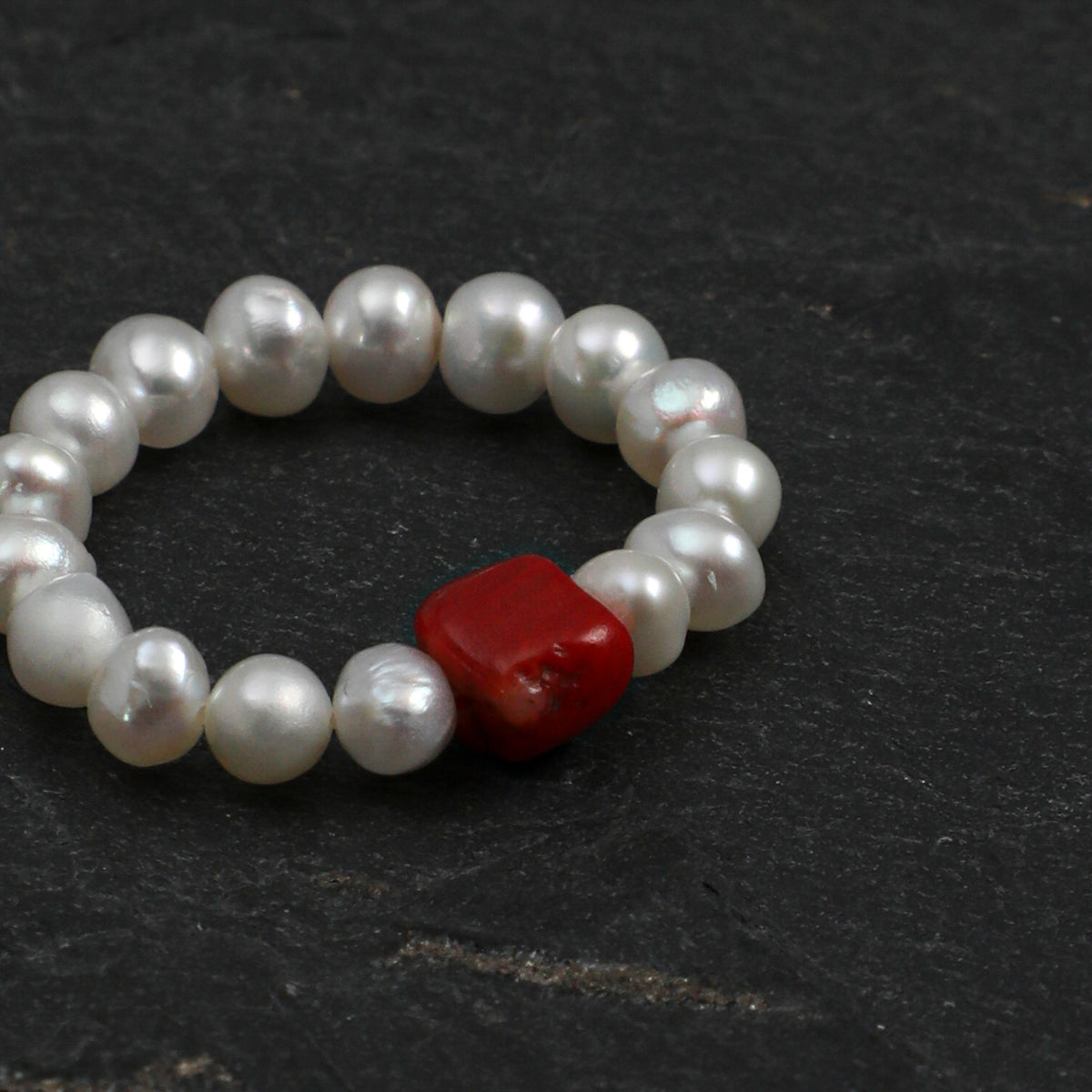 Illusion Pearl · Crimson Coral & Seed Pearl Stretch Ring