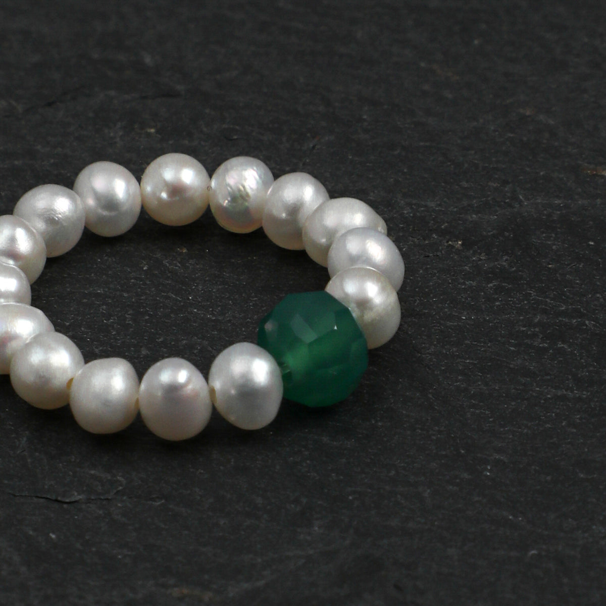 Gentle Moon · Emerald Agate Cube & Seed Pearl Stretch Ring