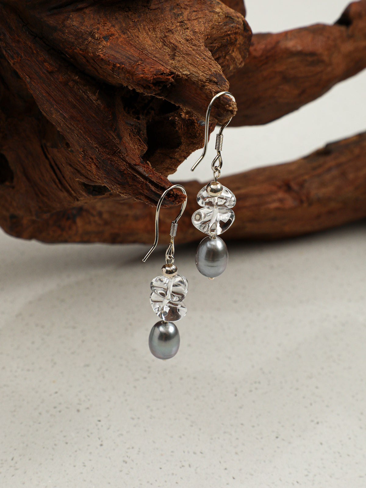 Crystal Mist · Clear Quartz & Grey Pearl Drop Earrings