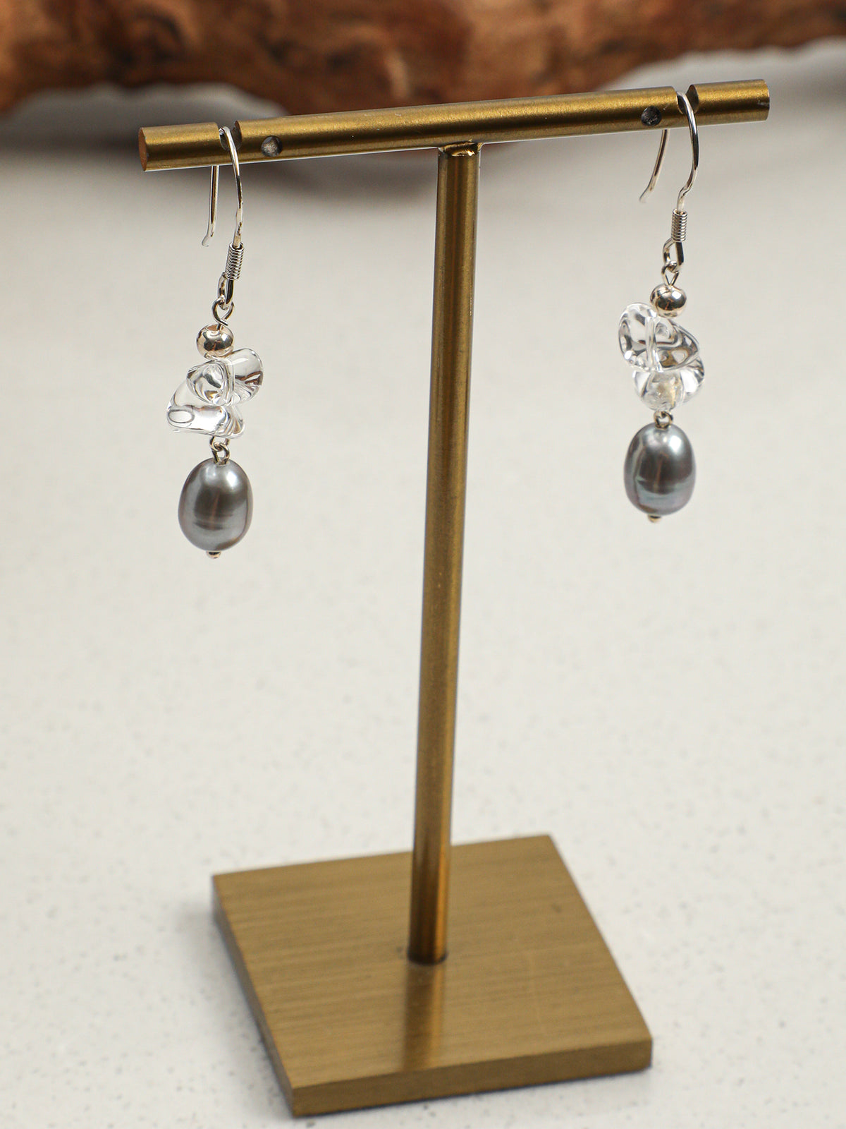 Crystal Mist · Clear Quartz & Grey Pearl Drop Earrings