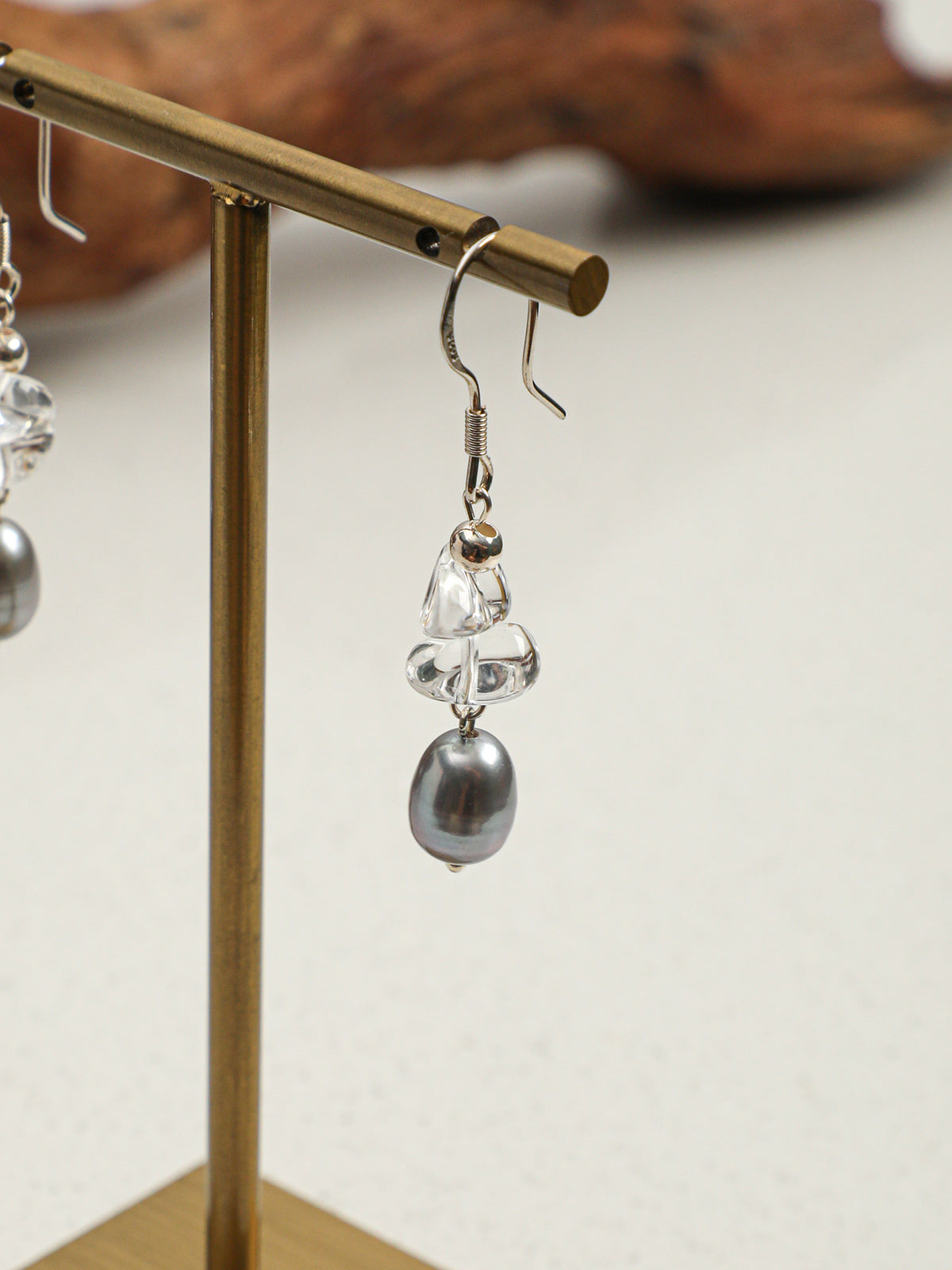 Crystal Mist · Clear Quartz & Grey Pearl Drop Earrings