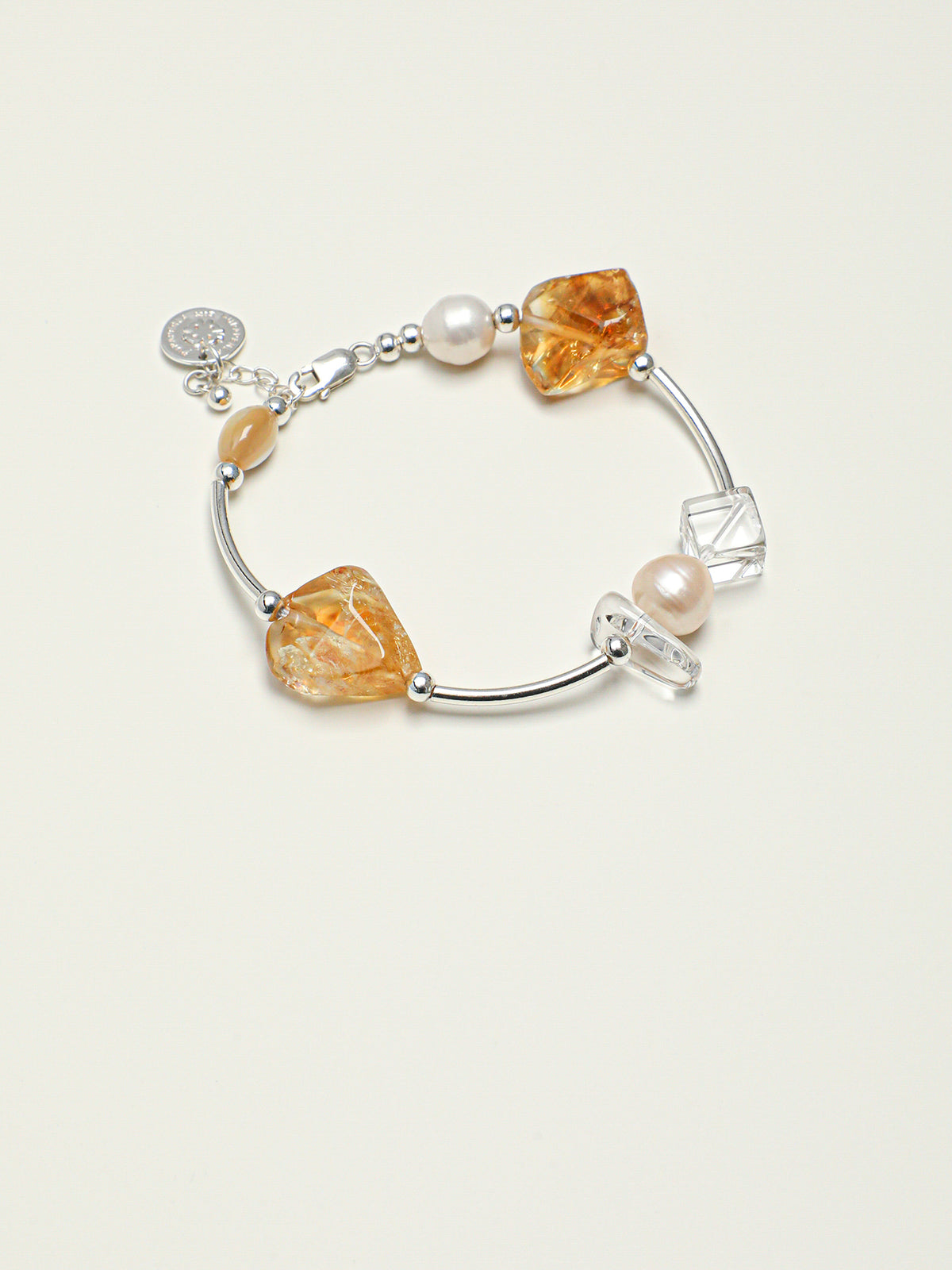 Golden Glow · Brazilian Citrine, Pearl & Curved Silver Bracelet