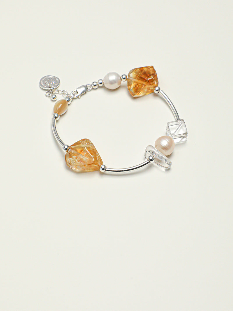 Golden Glow · Brazilian Citrine, Pearl & Curved Silver Bracelet
