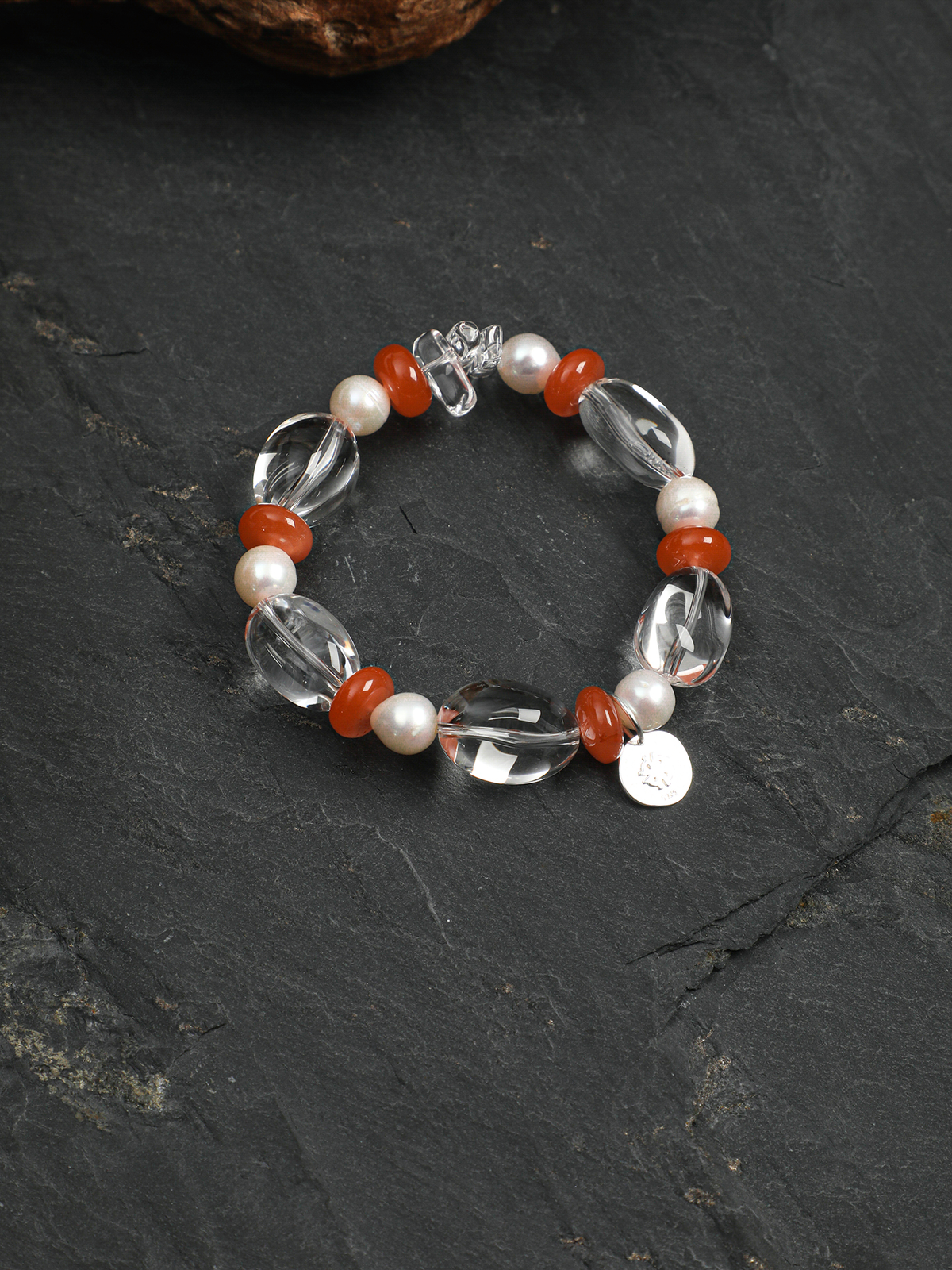 Crimson Crystal · Nanhong Agate, Clear Quartz & Pearl Bracelet