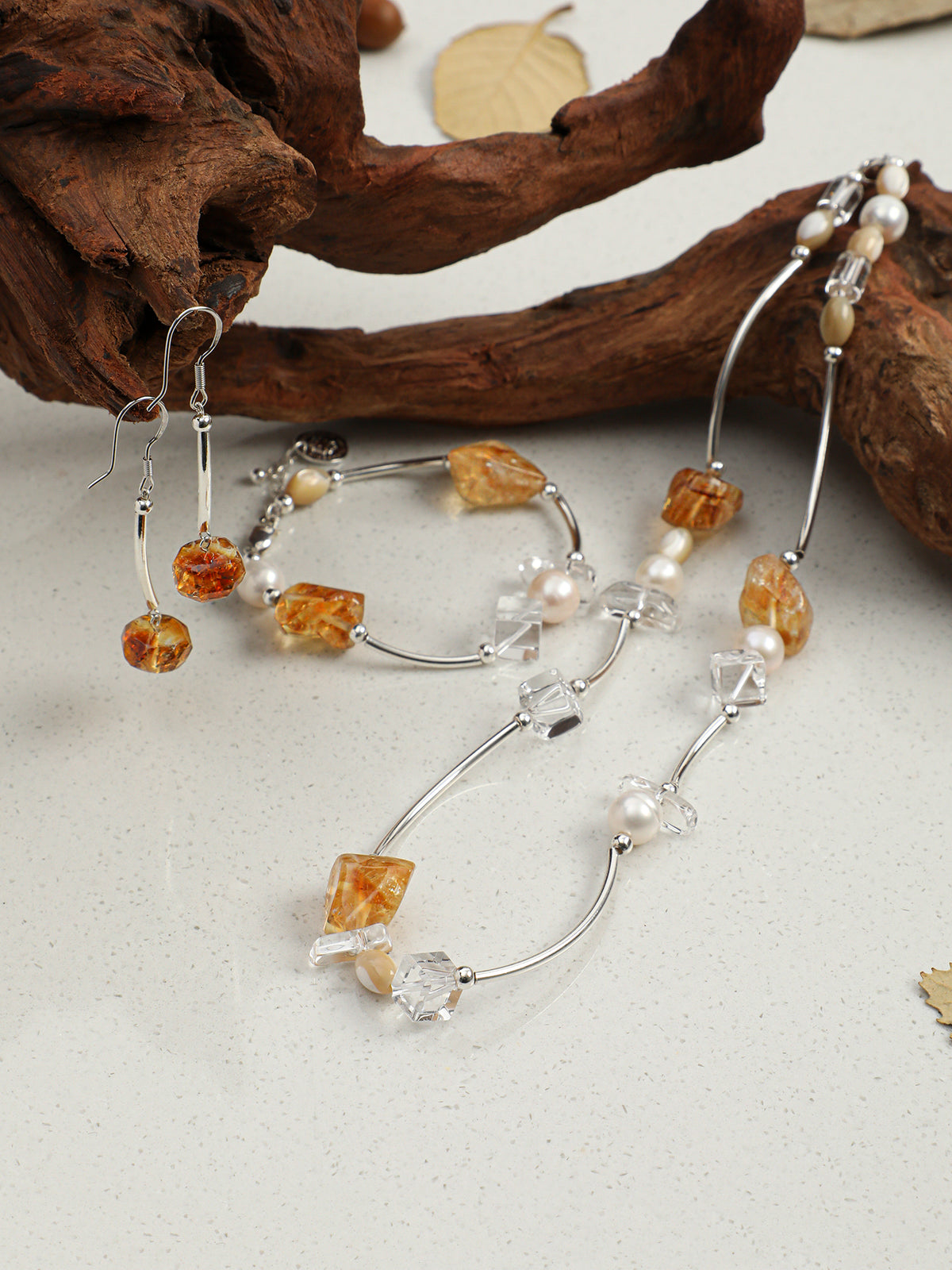 Luminous Prism - Citrine & Clear Quartz Silver Necklace