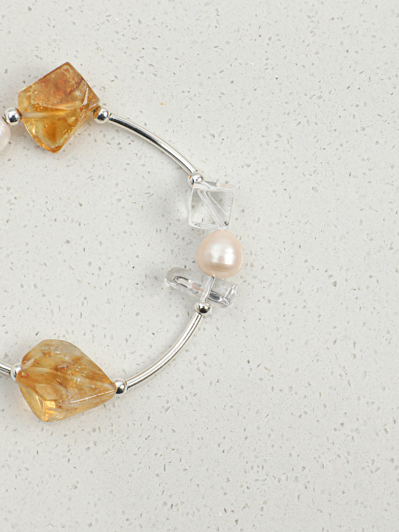 Golden Glow · Brazilian Citrine, Pearl & Curved Silver Bracelet