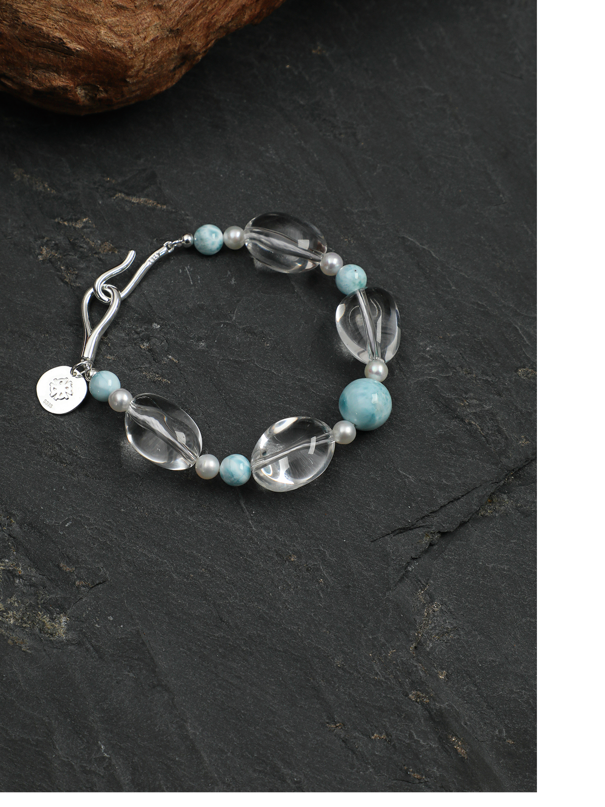 Azure Ripple · Larimar, Clear Quartz & Pearl Bracelet