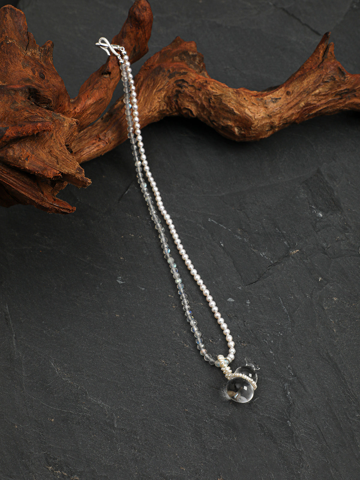 Wandering Shadow · Clear Quartz & Pearl Pendant Necklace